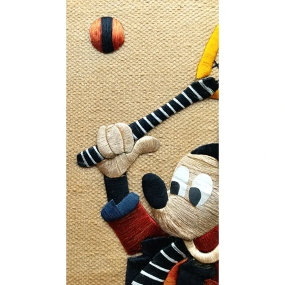MICKEY MOUSE Woven Burlap Vintage‎ Wall Hanging Tapestry Embroidery Plays Tennis